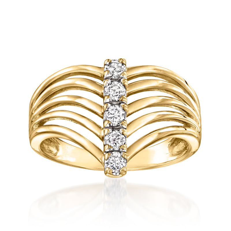 14kt yellow gold diamond multi-row ring with center vertical row of sparkling stones