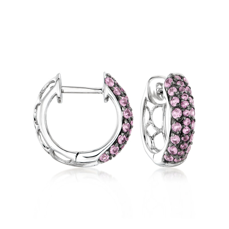Pink sapphire hoop earrings in 14kt white gold, shown open and closed