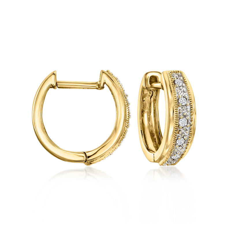 Diamond huggie hoop earrings in 14kt yellow gold, shown front and side views