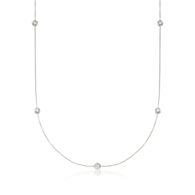 18kt white gold diamond station necklace with round station links, delicate chain