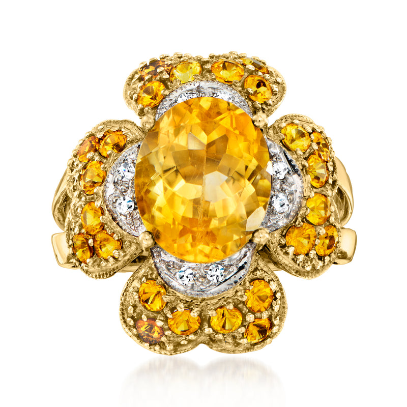 Vintage 14kt yellow gold citrine ring with oval citrine center and diamond accents