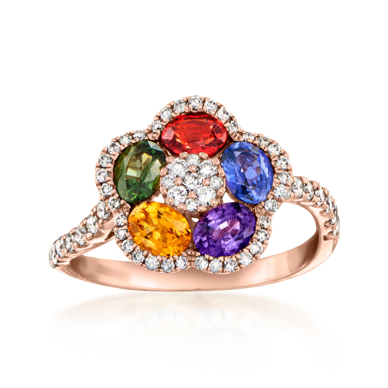 Rose gold flower ring with multicolor sapphire-like stones and diamond halo accents