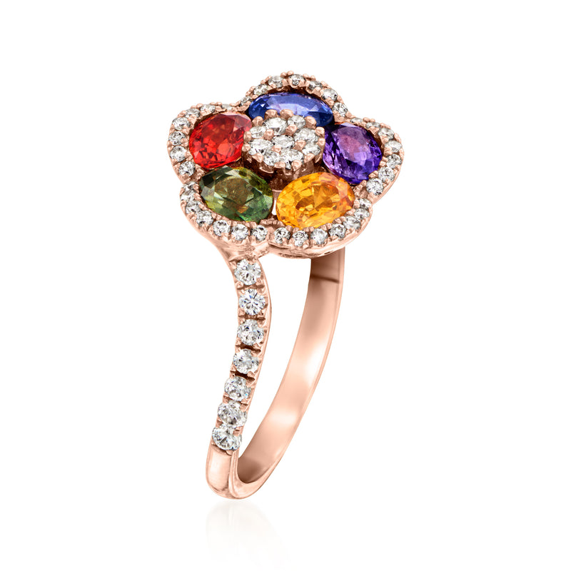 Multicolored sapphire flower ring with diamond halo in rose gold