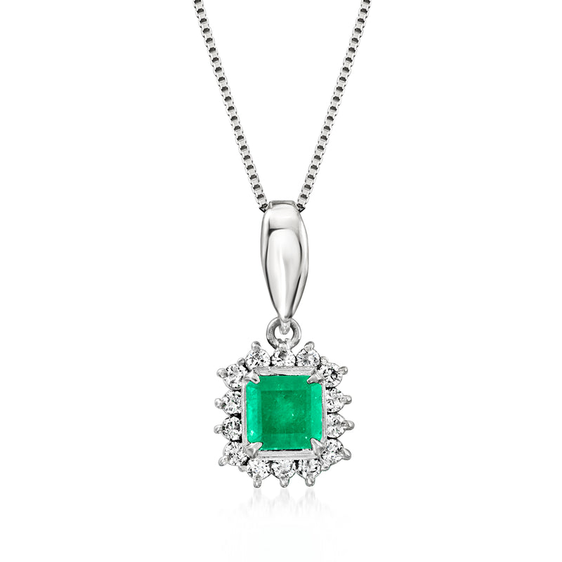 Platinum pendant necklace with emerald-green square center and diamond halo