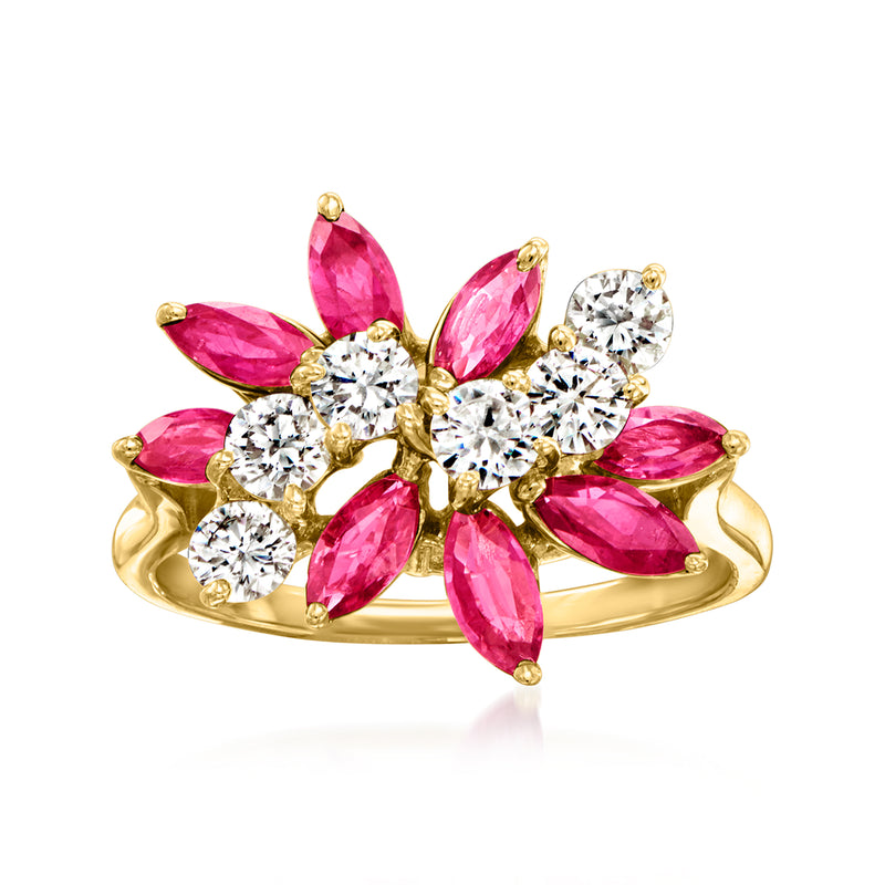 14kt yellow gold ruby and diamond cluster ring with pink marquise and round stones