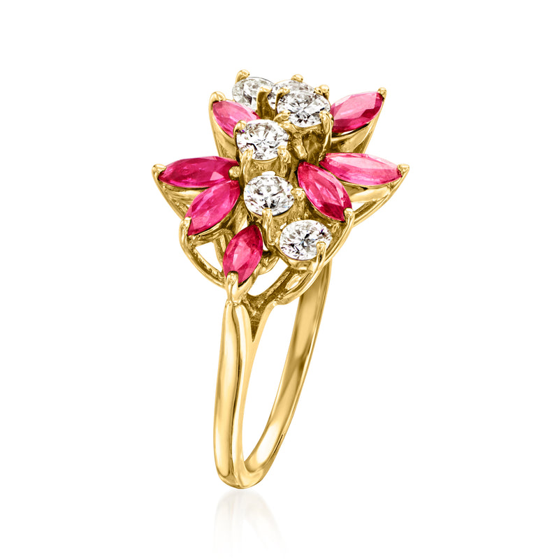 14kt yellow gold ruby and diamond cluster ring with pink marquise rubies and round diamonds