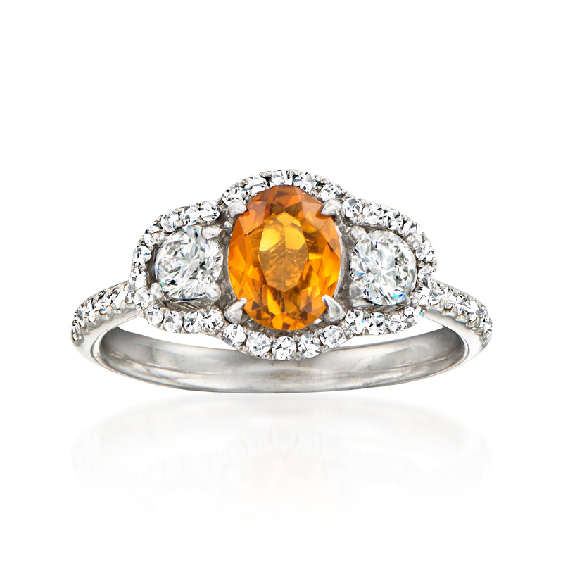 White gold ring with oval orange citrine and diamond halo, size 6.5