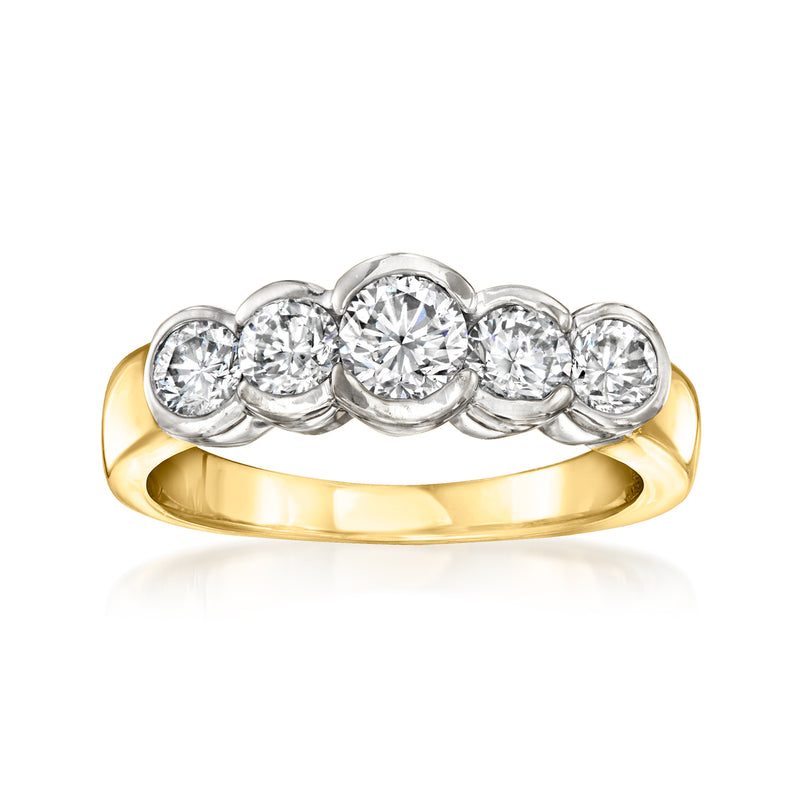 Two-tone gold five-stone diamond ring with five round stones on a slim band
