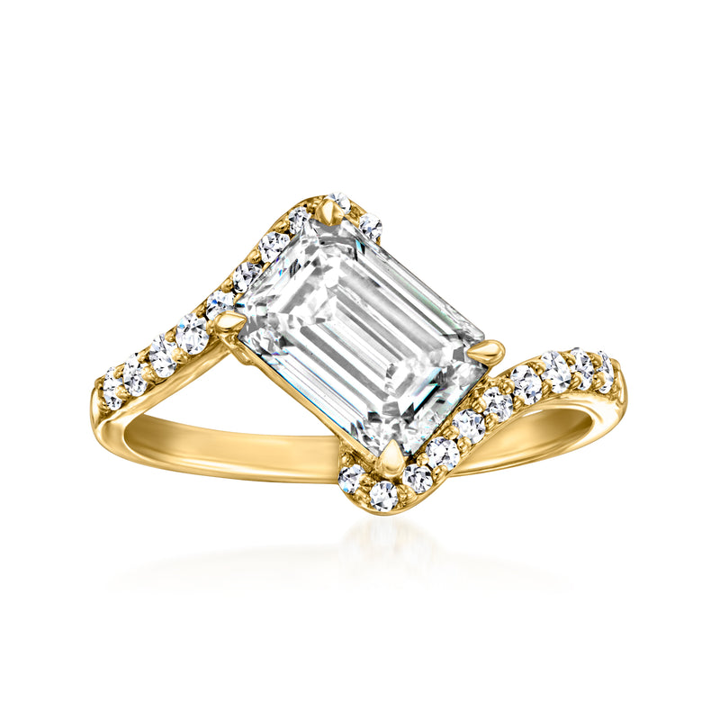 14kt yellow gold tilted ring with emerald-cut lab-grown diamond center and round side stones