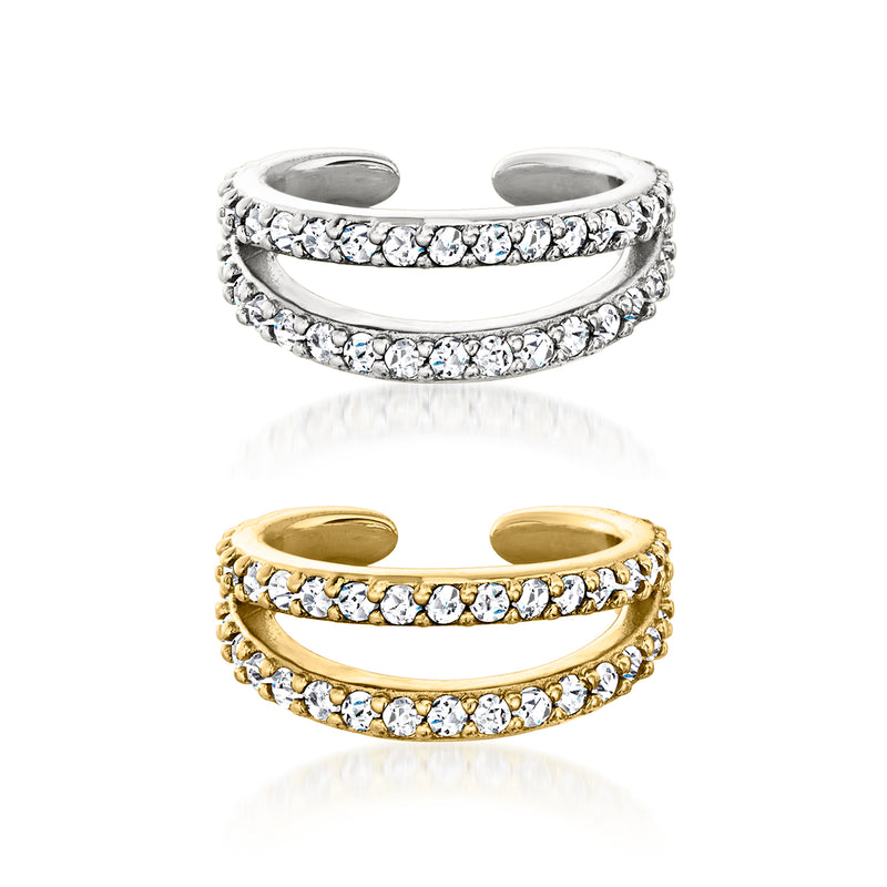 CZ ear cuff set of two single cuffs, sterling silver and gold-tone with clear stones