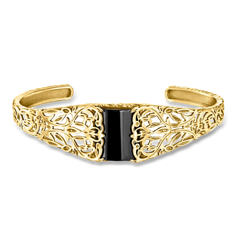 Gold-tone filigree cuff bracelet with black onyx centerpiece, open cuff design