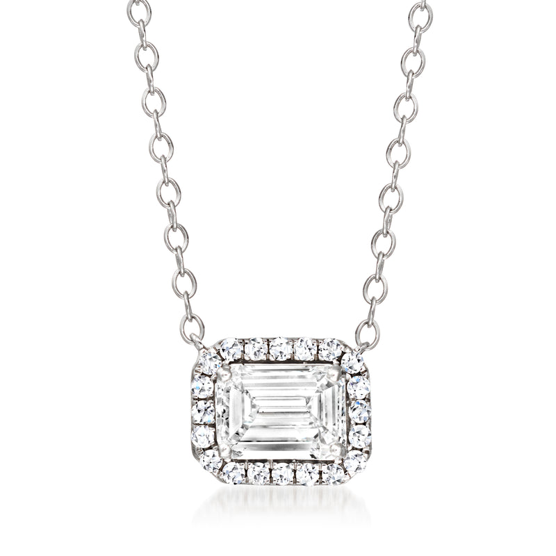 14kt white gold lab-grown diamond halo necklace, square halo with baguette center