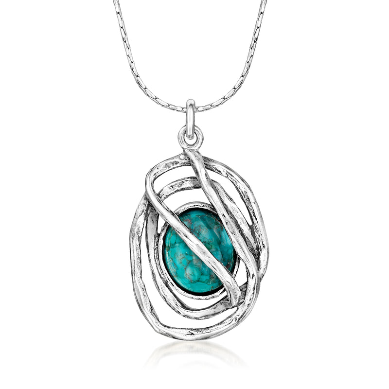Sterling silver sculptural pendant necklace with oval turquoise cabochon