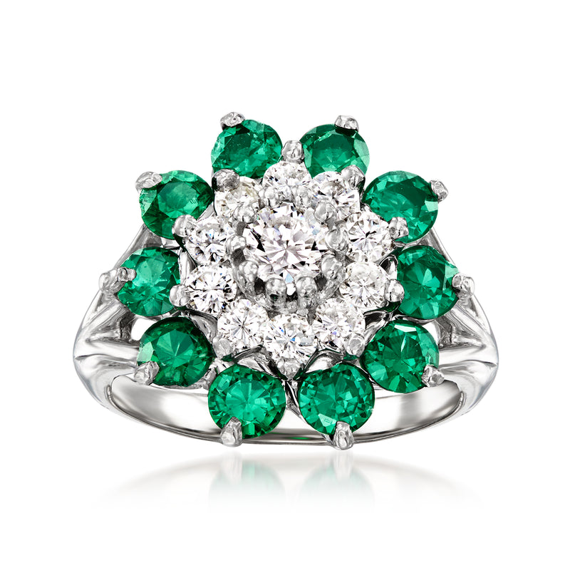 Vintage green spinel and diamond cluster ring in 14kt white gold with round green stones
