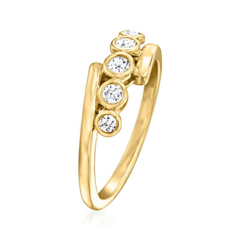 Yellow gold five-stone bezel-set diamond ring, round stones in elevated bezels