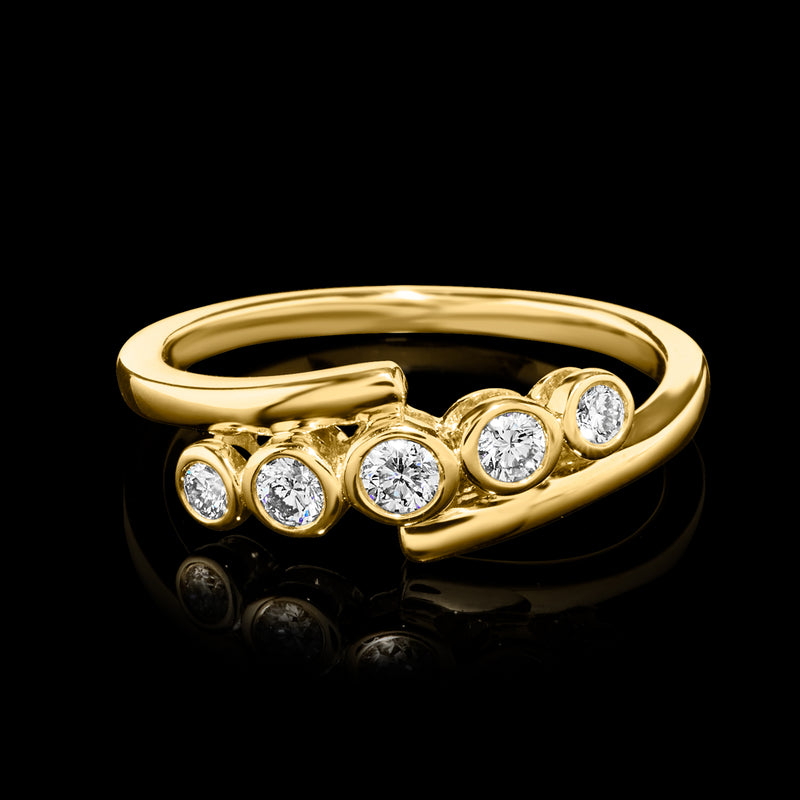Yellow gold bezel-set five-stone diamond ring with three round front stones