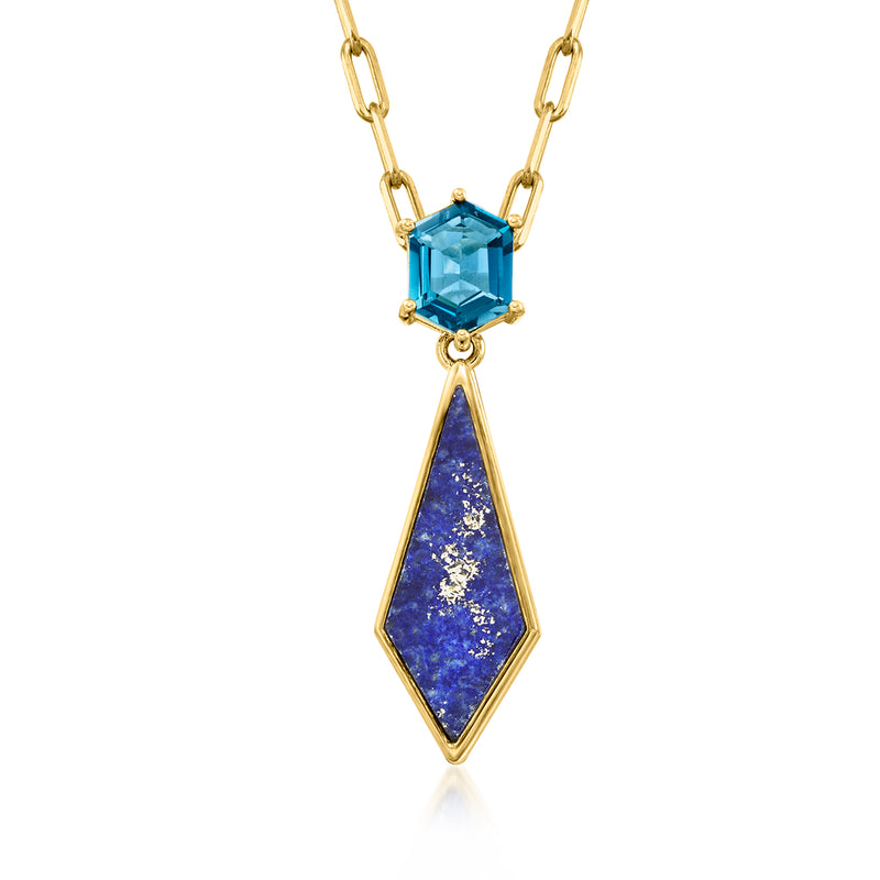 18k gold over sterling necklace with blue topaz and lapis drop pendant