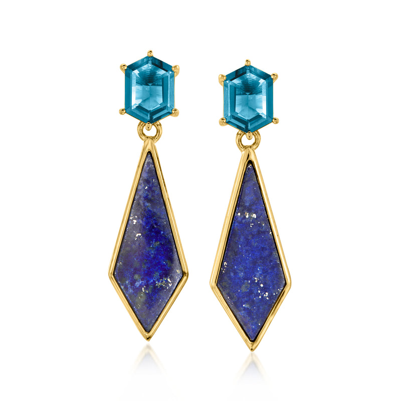 Gold-tone drop earrings with blue top square stones and hexagonal blue drops