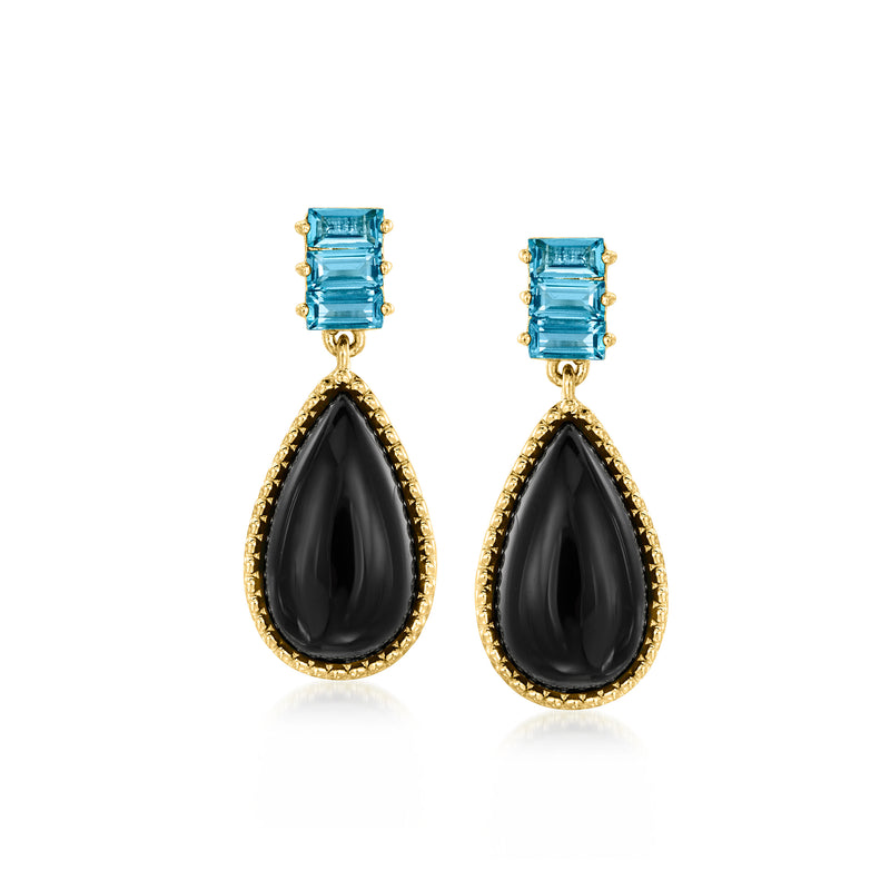 Gold drop earrings with blue top rectangular stones and black teardrop agate drops