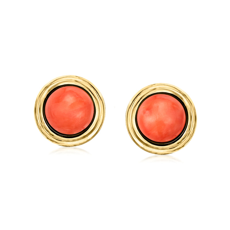 Yellow gold coral cabochon clip/post earrings with concentric bezel