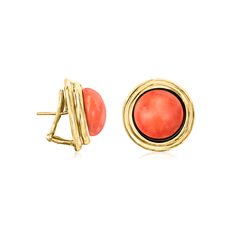 Yellow gold coral cabochon clip/post earrings, side view with post