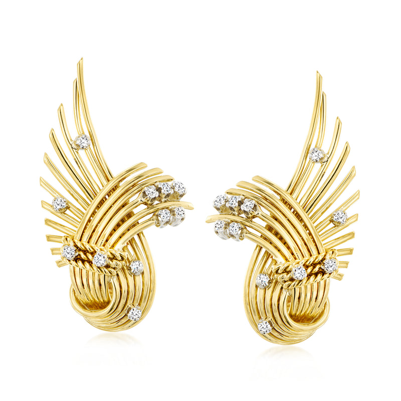 Yellow gold swirl earrings with diamond accents, clip/post style