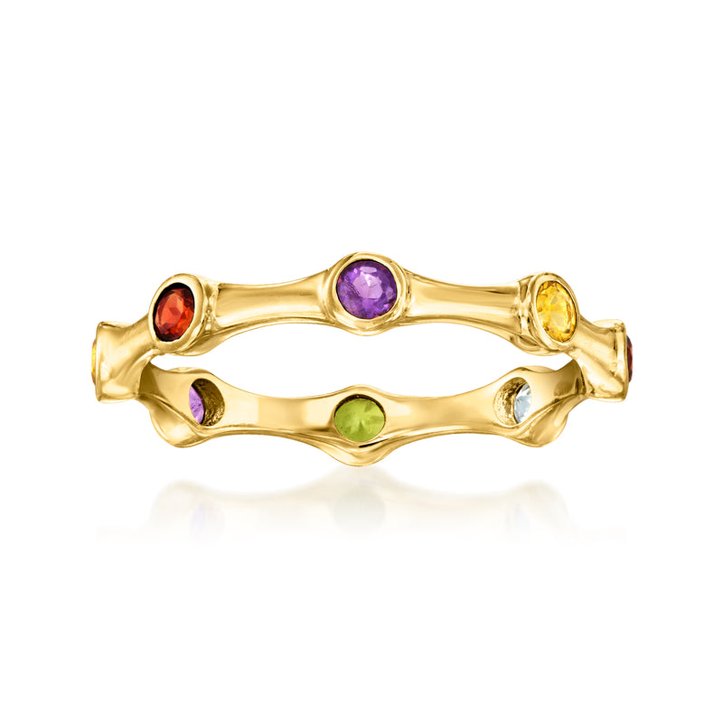 Gold over sterling multi-gemstone studded wavy ring with purple, red, green stones