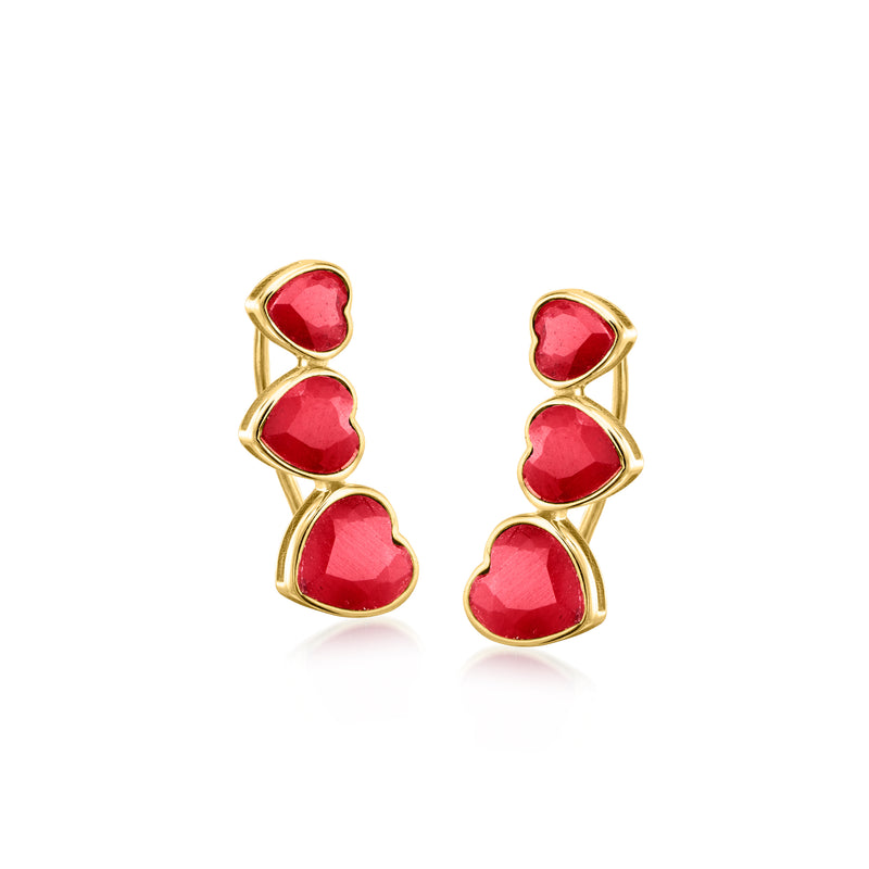 Gold-tone ear climber earrings with red heart-shaped gemstones on wire backs
