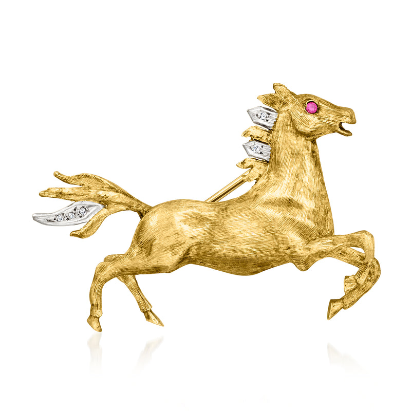 Vintage yellow gold horse pin with diamond accents and a red gem