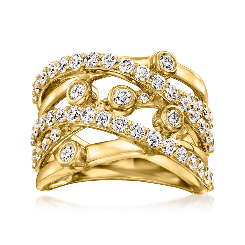 Gold highway ring with round prong-set diamonds across the band