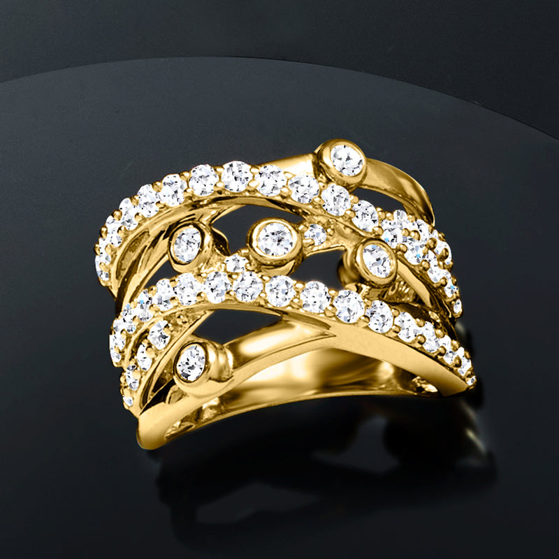 Gold highway ring with staggered round diamonds in a multi-row cluster