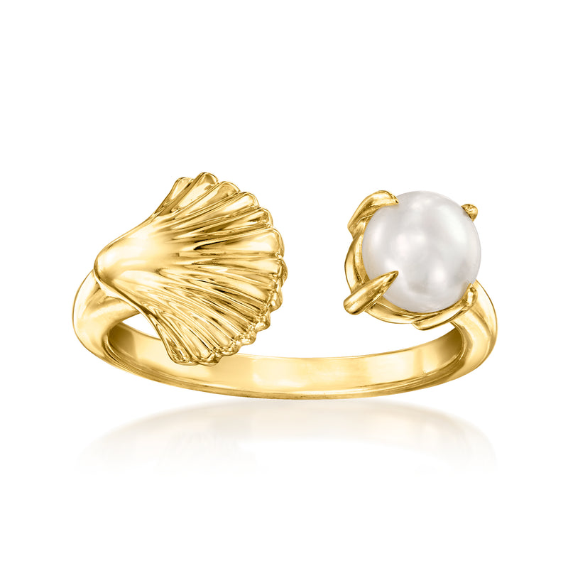 Gold over sterling seashell open-space ring with white cultured pearl, ridged band