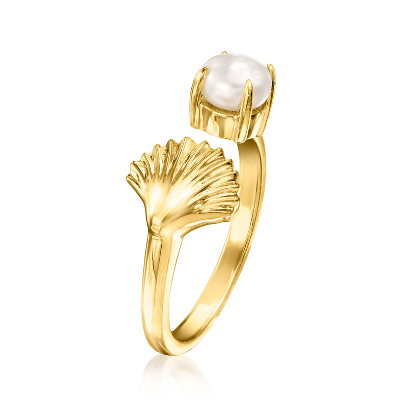 Gold over sterling seashell open-space ring with white cultured pearl and ribbed detail