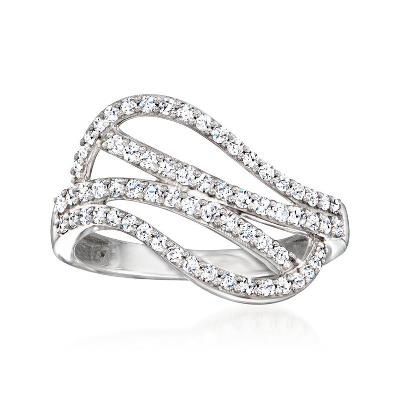 Sterling silver lab-grown diamond wave ring with three interwoven rows of stones