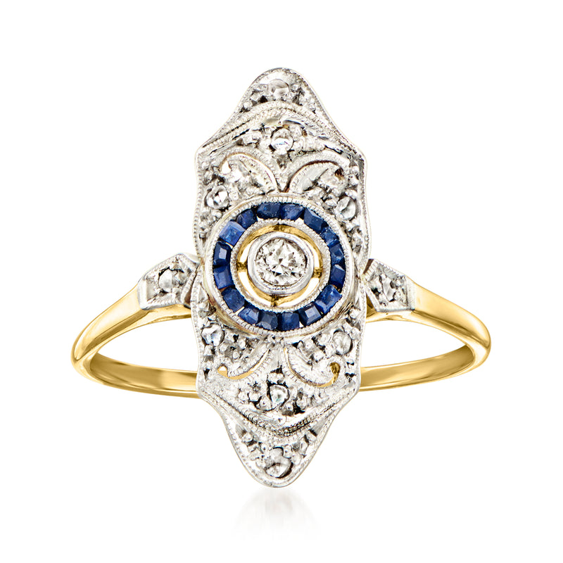 Vintage filigree ring in platinum with round center stone, blue sapphire halo, yellow gold band