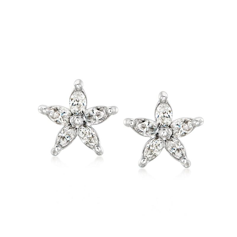 14kt white gold diamond flower stud earrings, four-leaf star design with posts