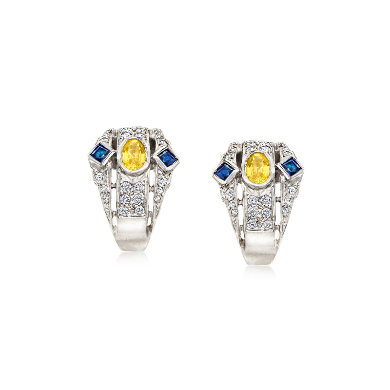 Yellow center sapphire stud earrings with blue side stones, white gold and diamonds