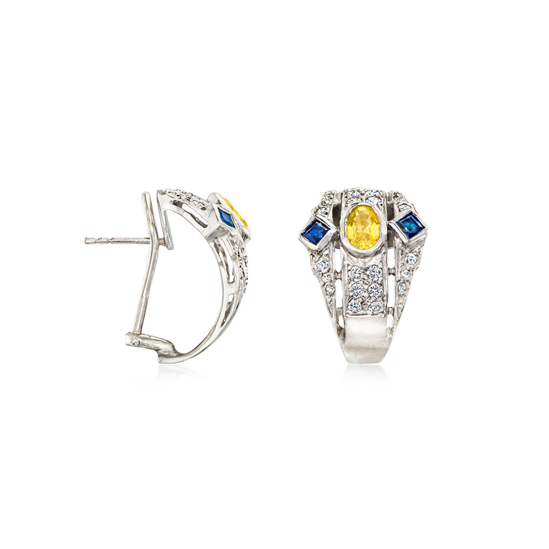 Yellow center sapphire post earrings with blue accents, diamond rows, white gold settings