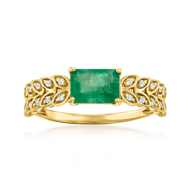 14kt yellow gold leaf ring with green emerald-cut center and round diamond accents