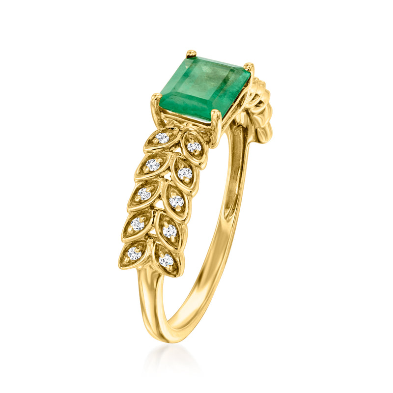 Emerald-cut green leaf ring in 14kt yellow gold with diamond cluster detailing
