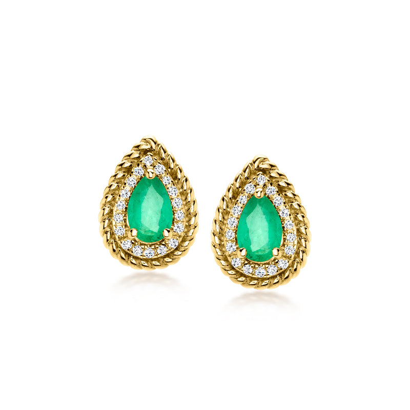 Emerald teardrop stud earrings in 14kt yellow gold with diamond halo
