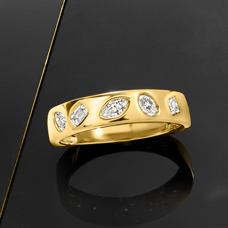 Gold over sterling diamond band with five multi-shaped stones across the top