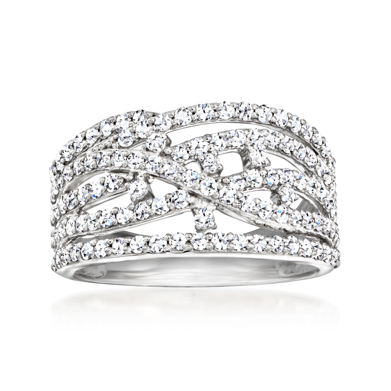 Sterling silver multi-row lab-grown diamond ring with intertwined pave bands
