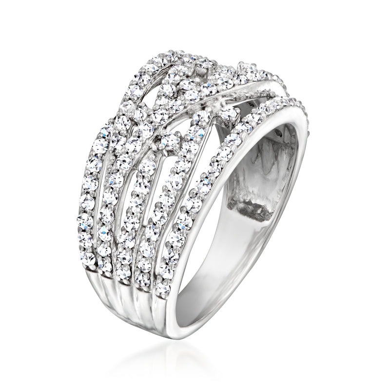 Sterling silver multi-row diamond band ring, arched top with prong-set stones