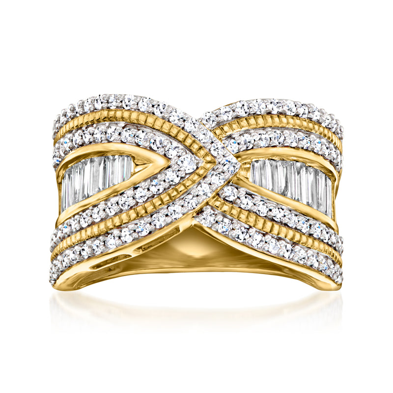 Gold wrap ring with crisscross diamond rows and baguette center stones
