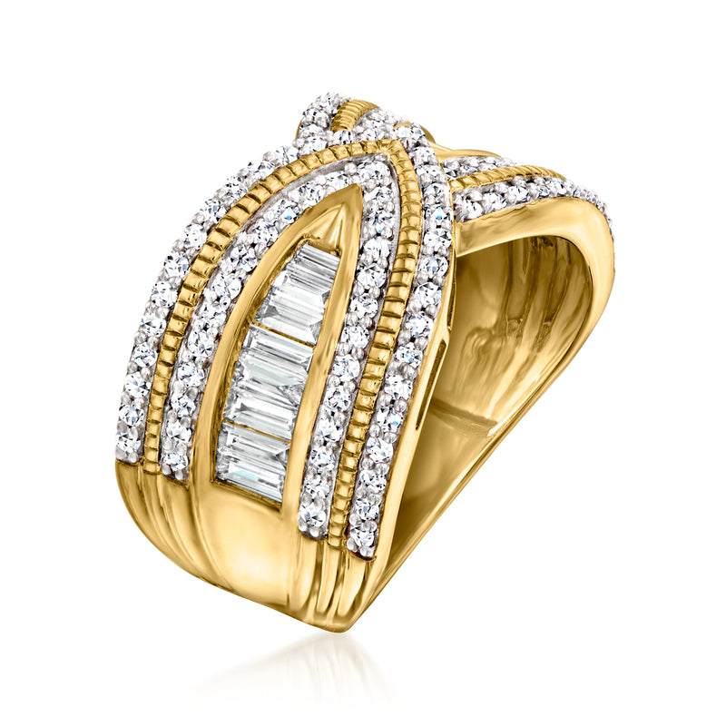 Gold baguette diamond wrap ring with raised round stone frame, side view