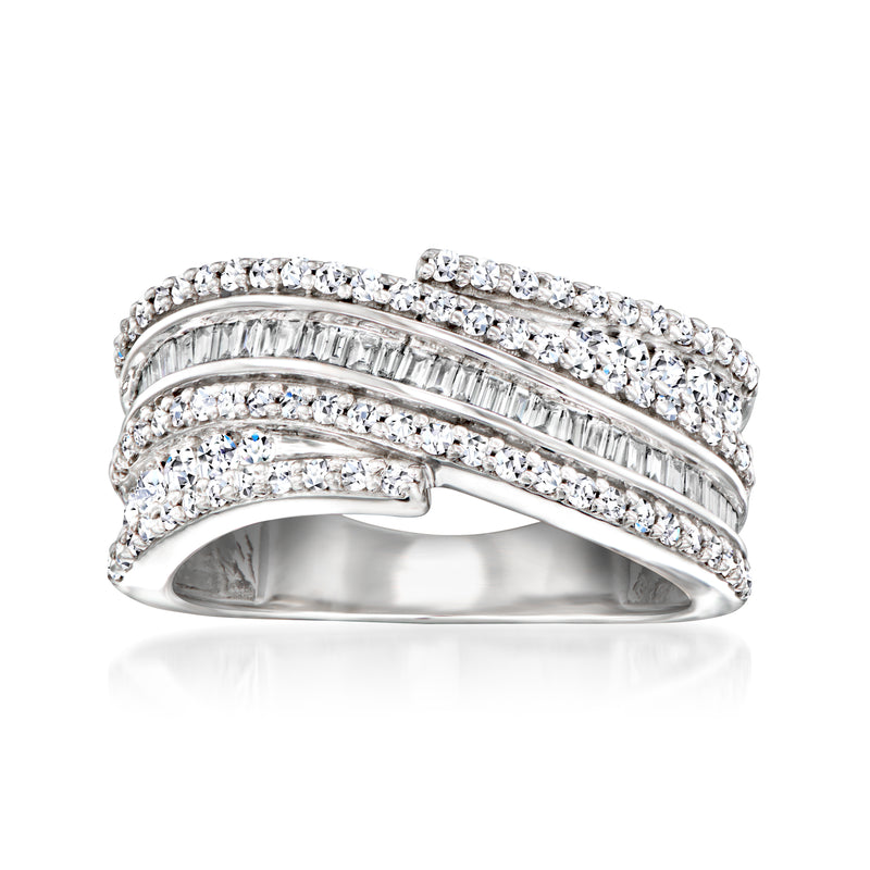 Sterling silver wave ring with lab-grown diamond rows, scalloped band