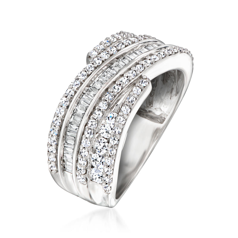 Sterling silver wave ring with lab-grown diamond rows, angled side profile