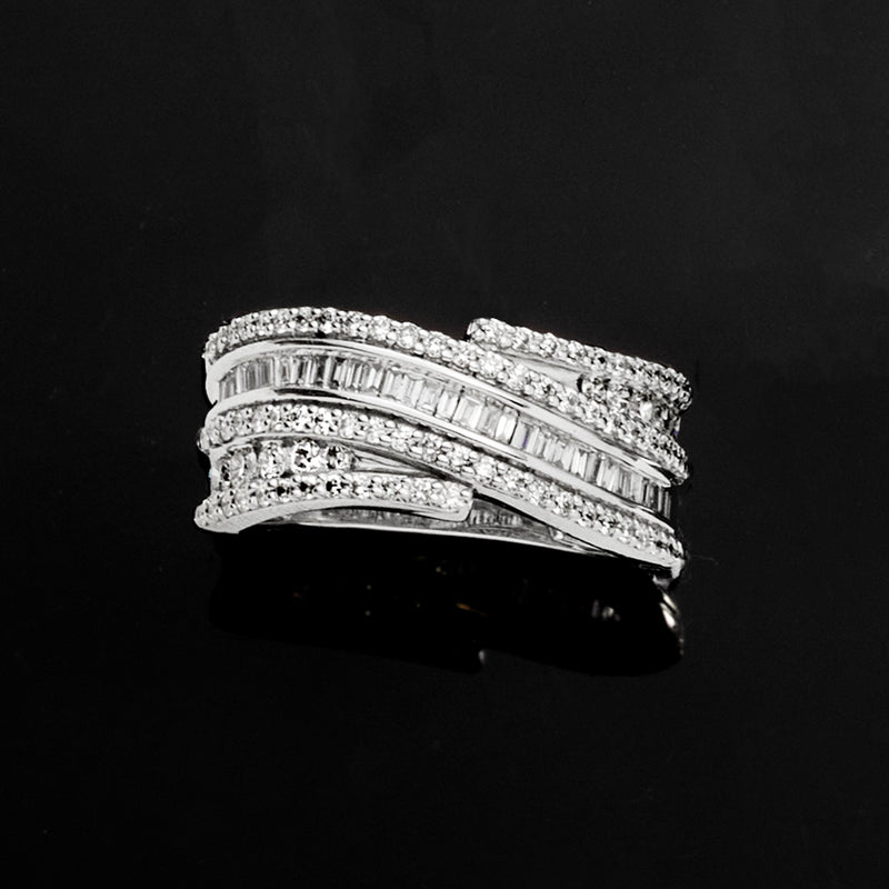Sterling silver wave ring with lab-grown diamond rows, low-profile stacked look