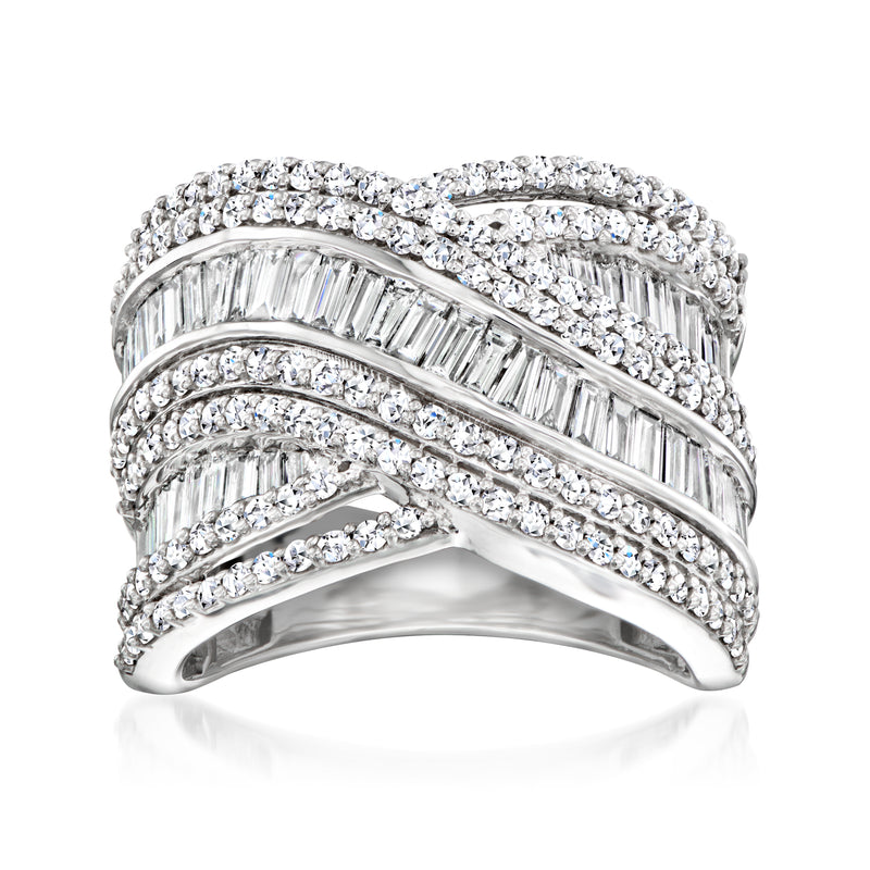 Sterling silver crisscross diamond ring with lab-grown stones, three-row band